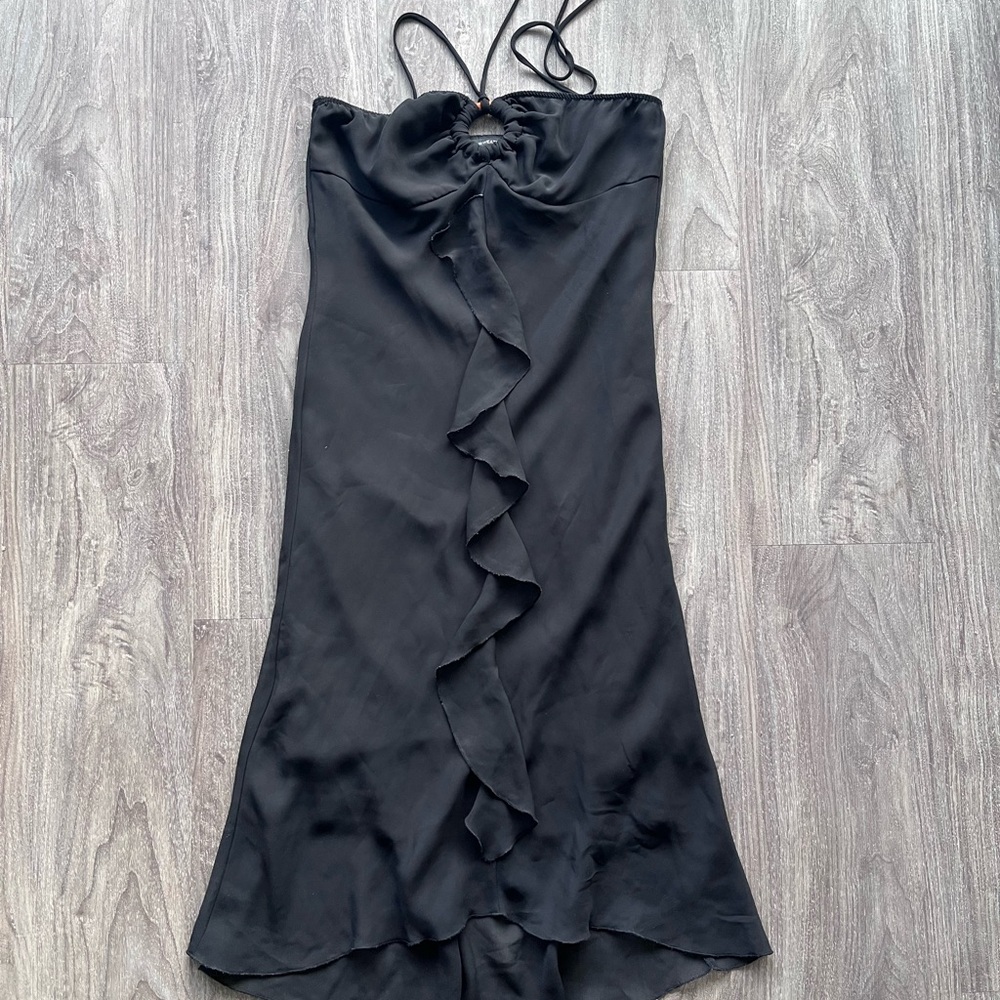 Black Ruched Slip Dress with Spaghetti Straps for Cocktail